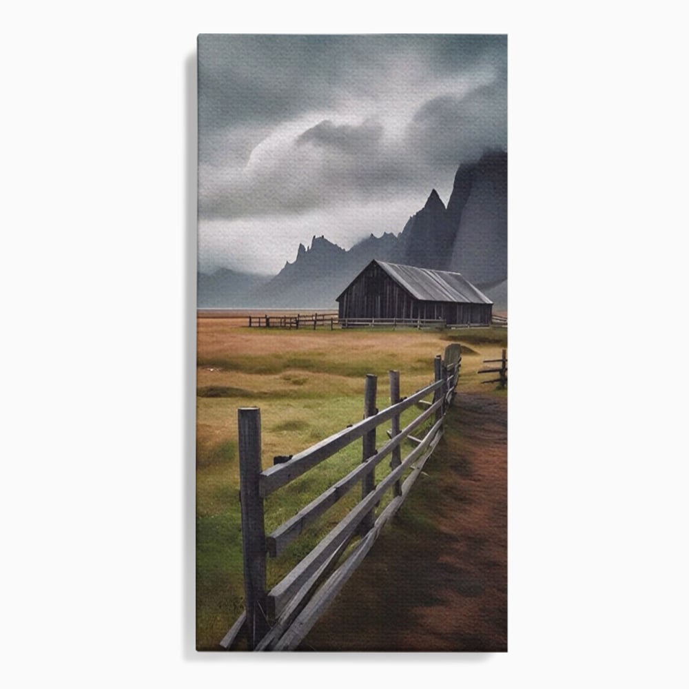 Tablou canvas cu tablou cu peisaj montan si gard de lemn, fara rama, pe sasiu de lemn