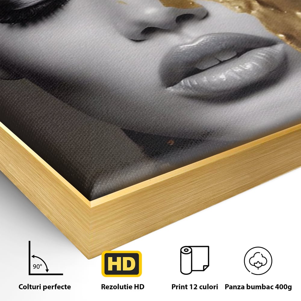 Detaliu al suprafetei: tablou canvas cu portret de femeie si fluturi aurii, in rama de aluminiu auriu