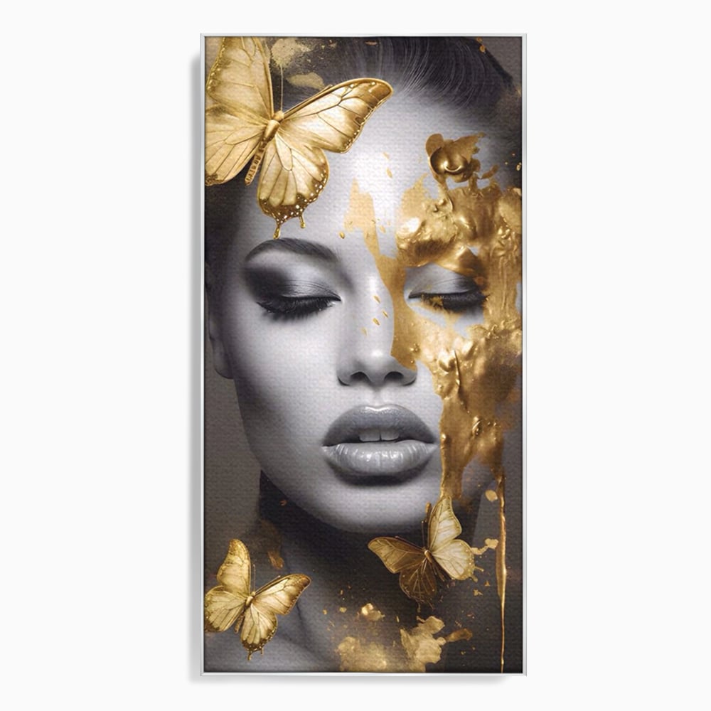 Tablou canvas cu tablou canvas cu portret de femeie si fluturi aurii, in rama de aluminiu argintiu