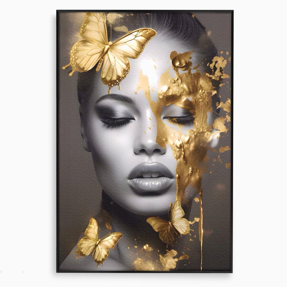 Tablou canvas cu tablou canvas cu portret de femeie si fluturi aurii, in rama de aluminiu negru