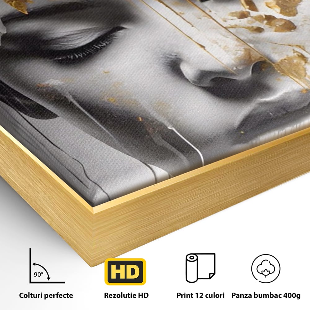 Detaliu al suprafetei: tablou canvas cu chip de femeie si flori, in rama de aluminiu auriu