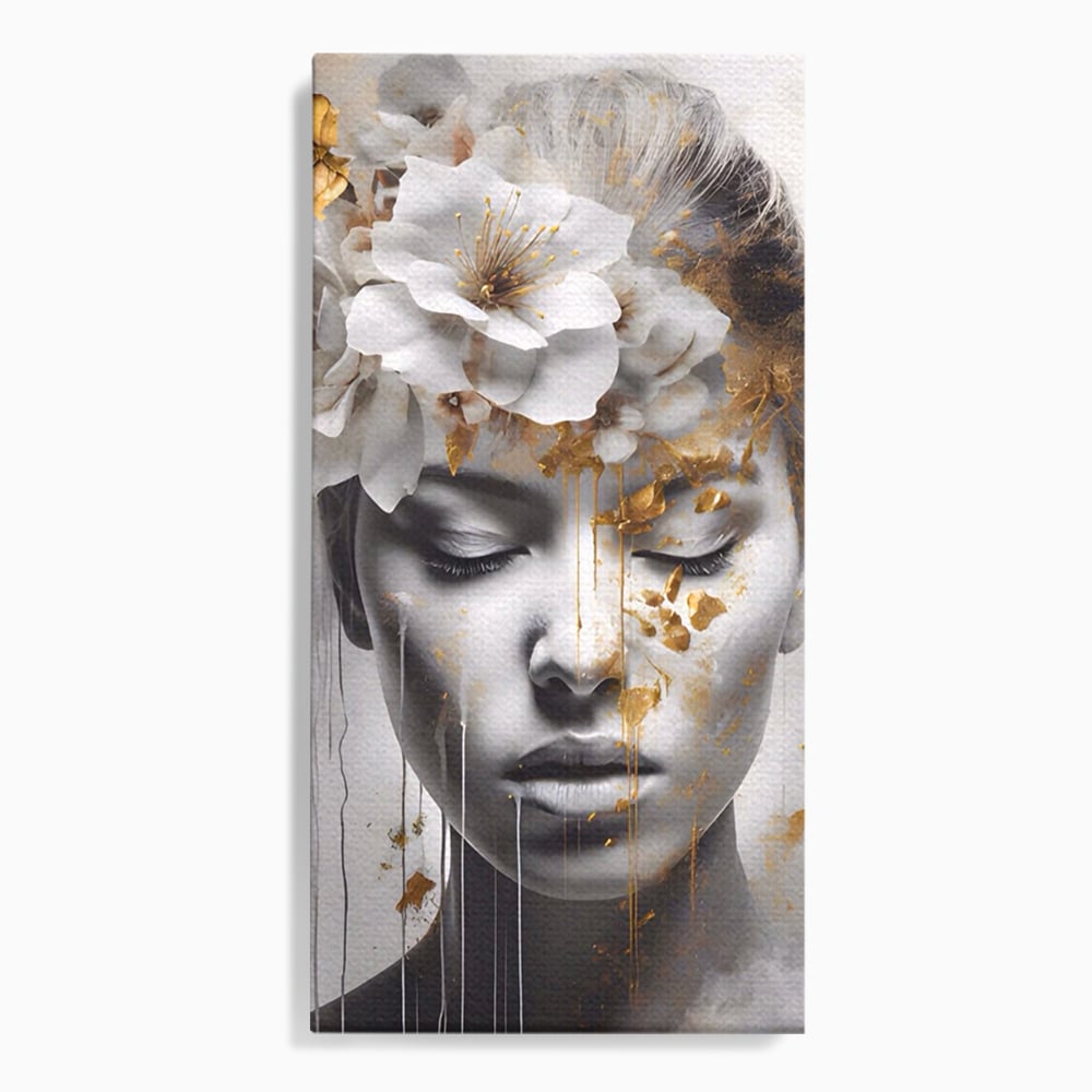 Tablou canvas cu tablou canvas cu chip de femeie si flori, fara rama, pe sasiu de lemn