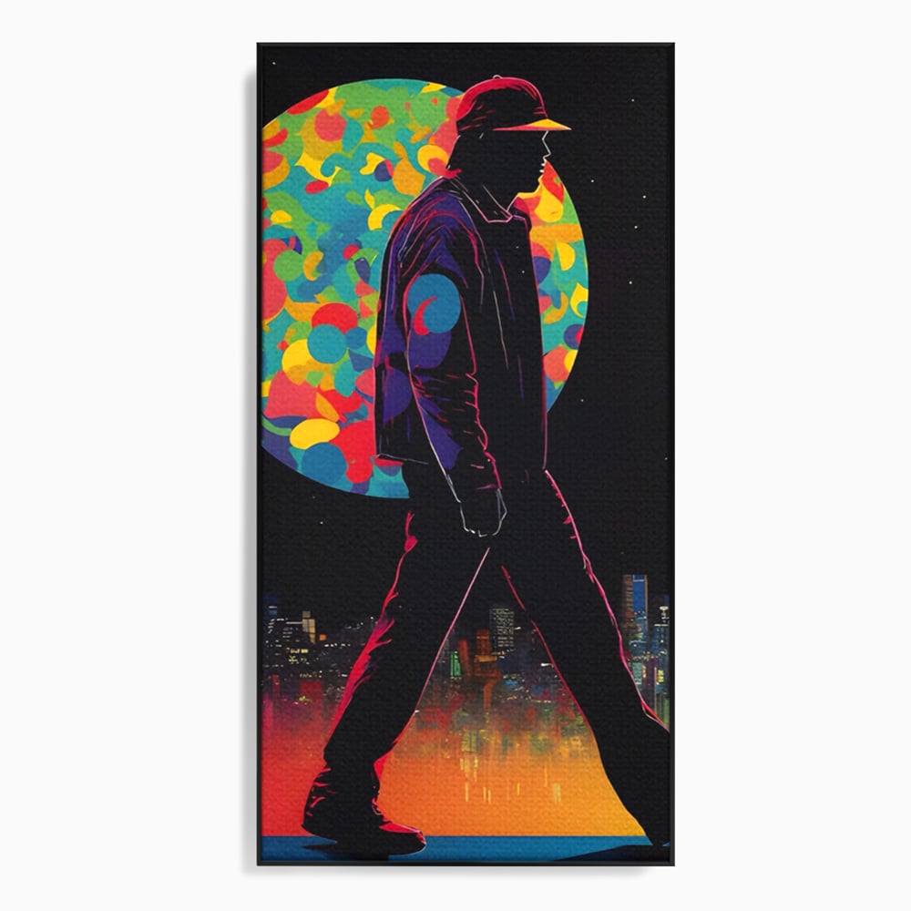 Tablou canvas cu tablou vertical cu silueta de barbat si oras, in rama de aluminiu negru