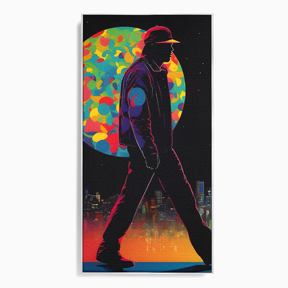 Tablou canvas cu tablou vertical cu silueta de barbat si oras, in rama de aluminiu argintiu
