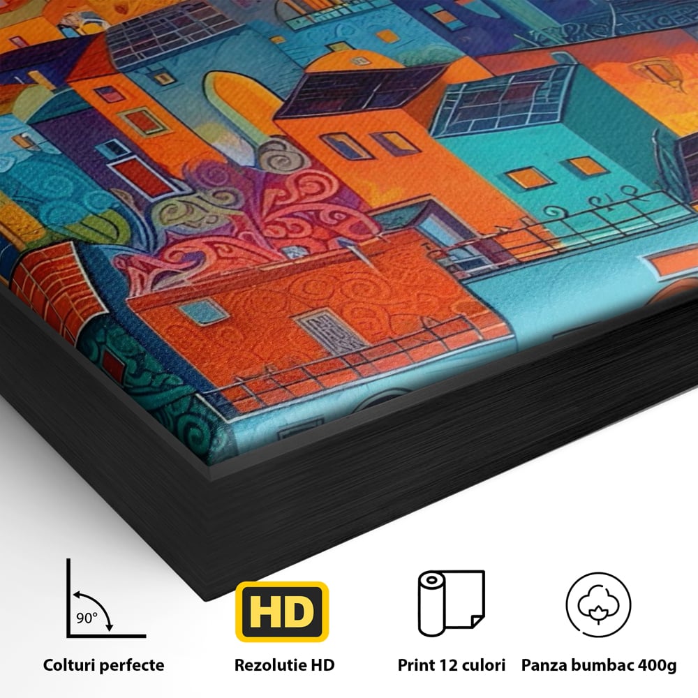 Detaliu al suprafetei: tablou canvas cu oras colorat si cer instelat, in rama de aluminiu negru