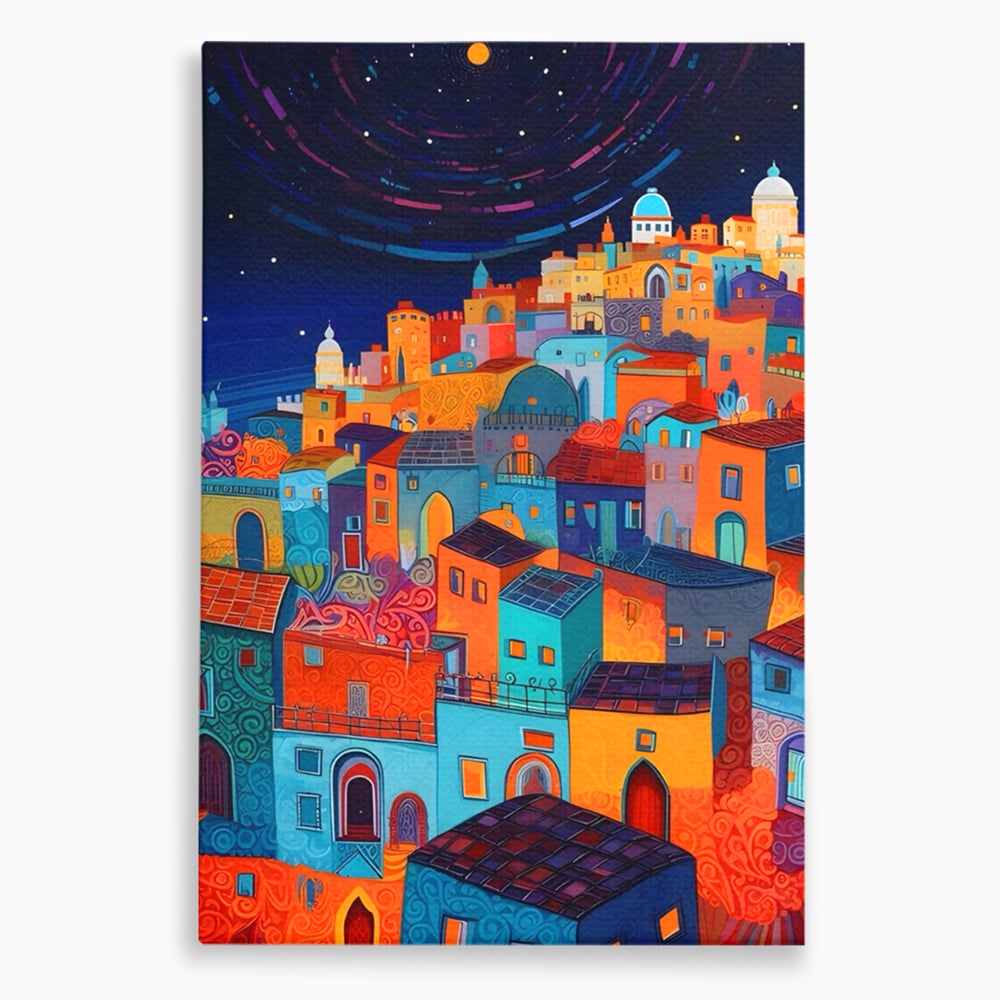 Tablou canvas cu tablou canvas cu oras colorat si cer instelat, fara rama, pe sasiu de lemn