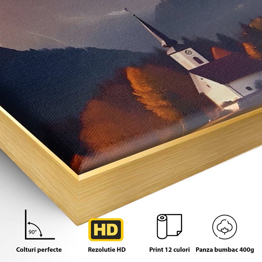 Detaliu al suprafetei: tablou canvas cu biserica la apus, in rama de aluminiu auriu