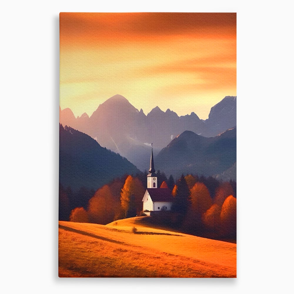 Tablou canvas cu tablou canvas cu biserica la apus, fara rama, pe sasiu de lemn