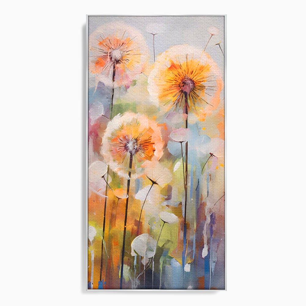 Tablou canvas cu pictura verticala cu papadii pufoase, in rama de aluminiu argintiu