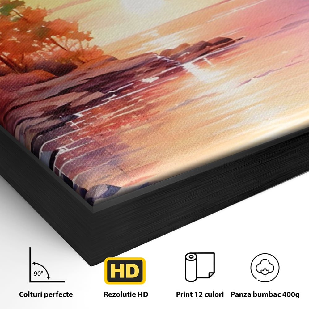 Detaliu al suprafetei: tablou canvas cu peisaj de apus, in rama de aluminiu negru