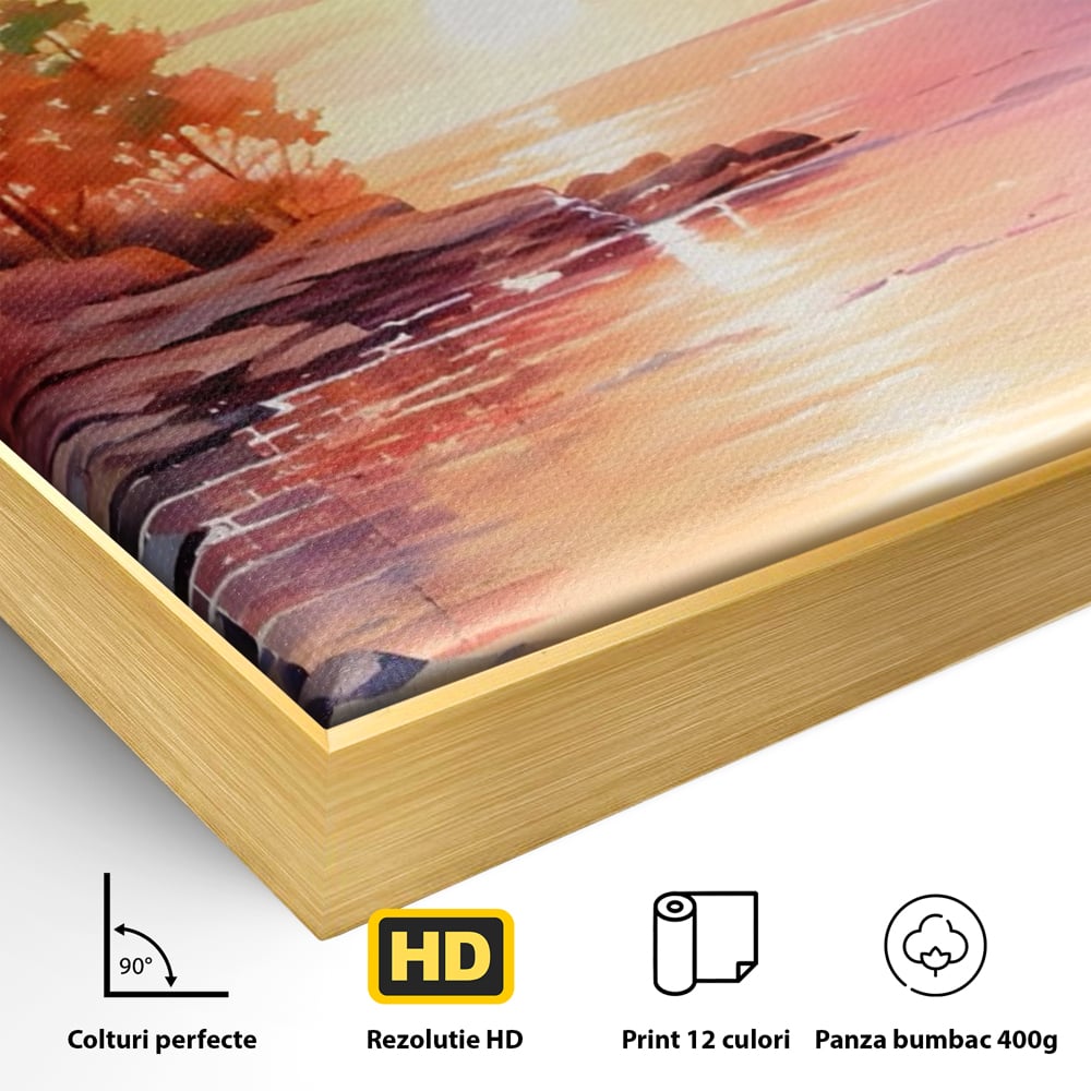 Detaliu al suprafetei: tablou canvas cu peisaj de apus, in rama de aluminiu auriu