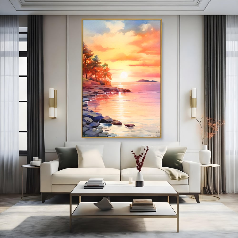 Tablou canvas cu tablou canvas cu peisaj de apus, in rama de aluminiu auriu, pe perete intr-un living