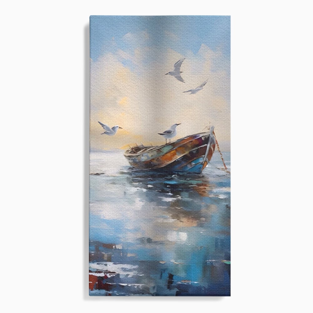 Tablou canvas cu tablou canvas cu barca si pescarusi, fara rama, pe sasiu de lemn