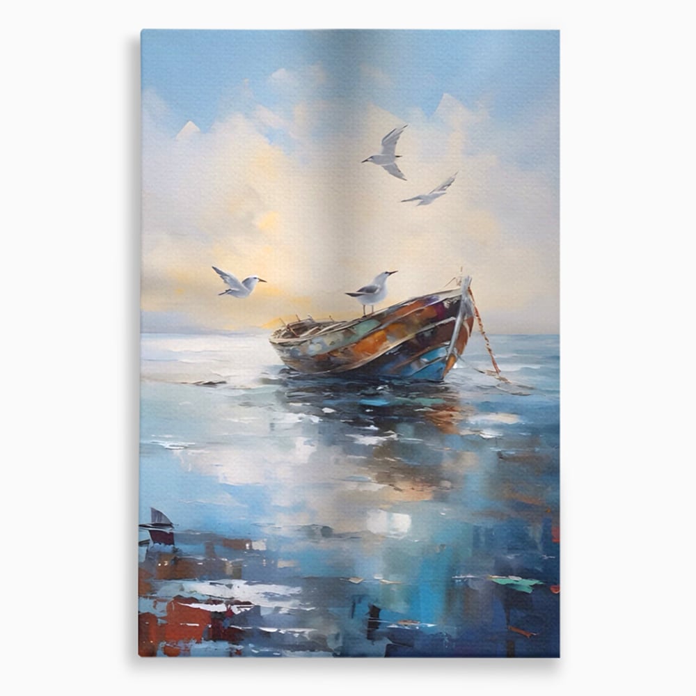 Tablou canvas cu tablou canvas cu barca si pescarusi, fara rama, pe sasiu de lemn