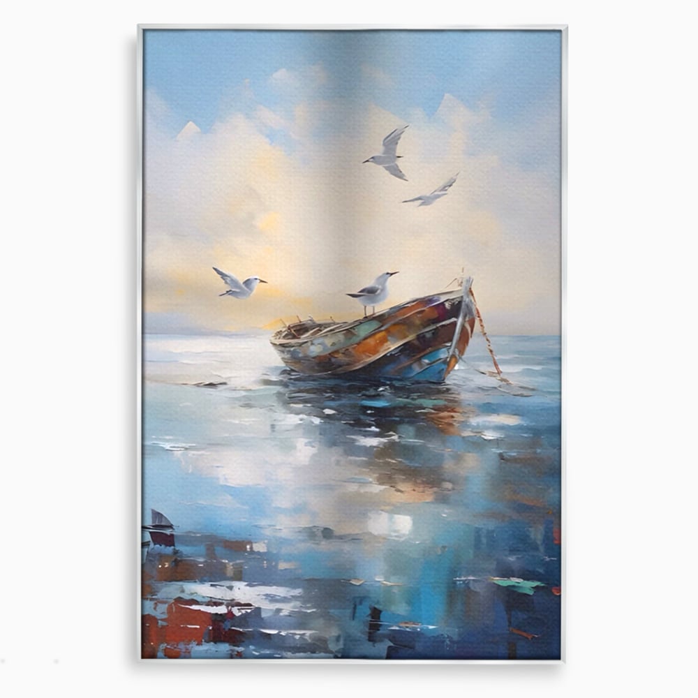 Tablou canvas cu tablou canvas cu barca si pescarusi, in rama de aluminiu argintiu
