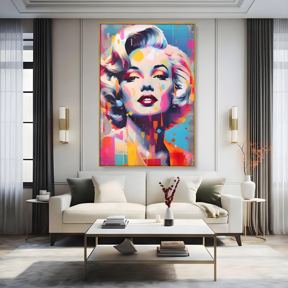 Tablou canvas cu tablou canvas portret pop art marilyn monroe, in rama de aluminiu auriu, pe perete intr-un living