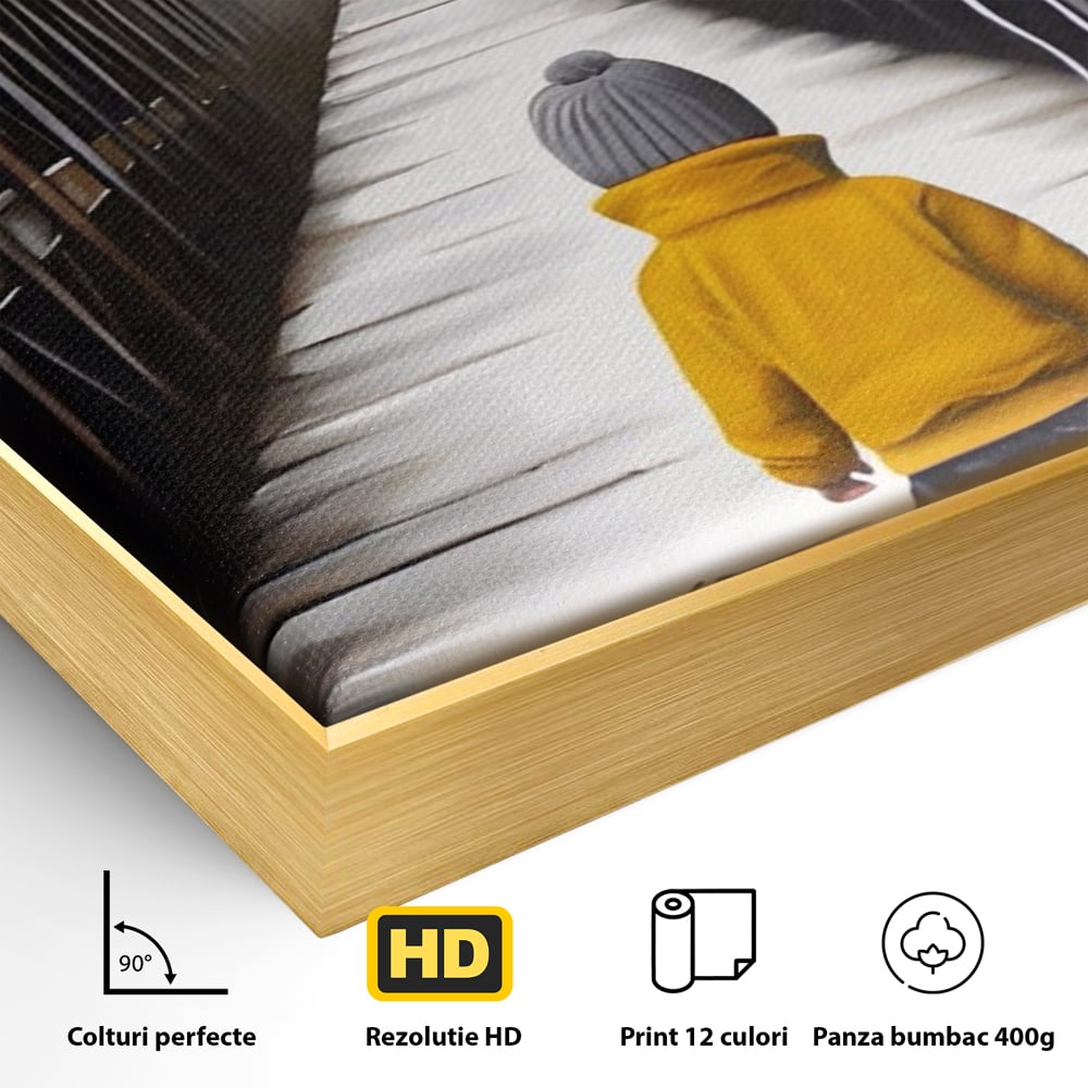 Detaliu al suprafetei: tablou canvas cu un copil si balon galben pe pod, in rama de aluminiu auriu