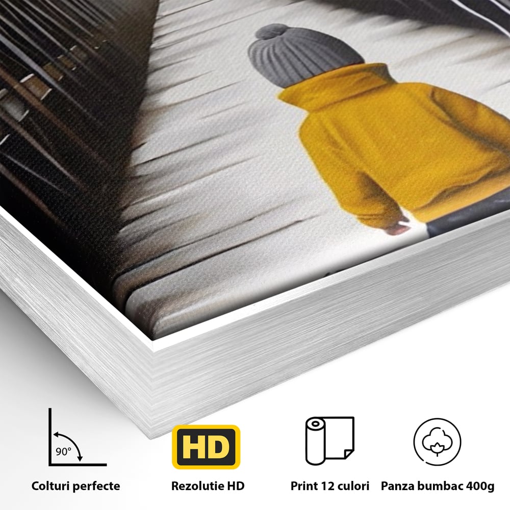 Detaliu al suprafetei: tablou canvas cu un copil si balon galben pe pod, in rama de aluminiu argintiu