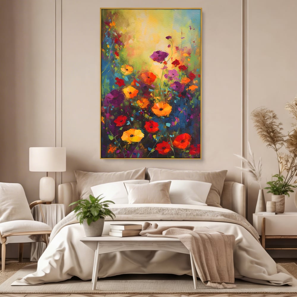 Tablou canvas cu pictura camp cu flori colorate, in rama de aluminiu auriu, pe perete intr-un dormitor