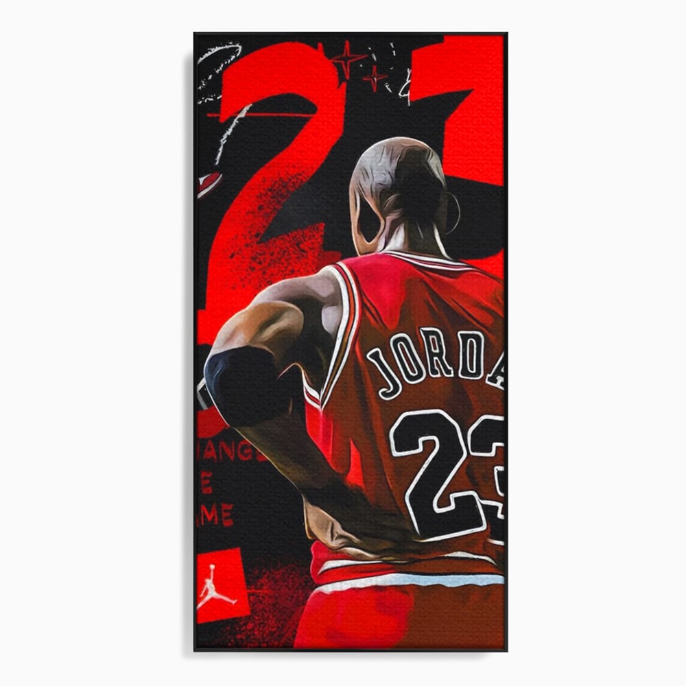 Tablou canvas cu tablou canvas cu jucatorul de baschet jordan, in rama de aluminiu negru