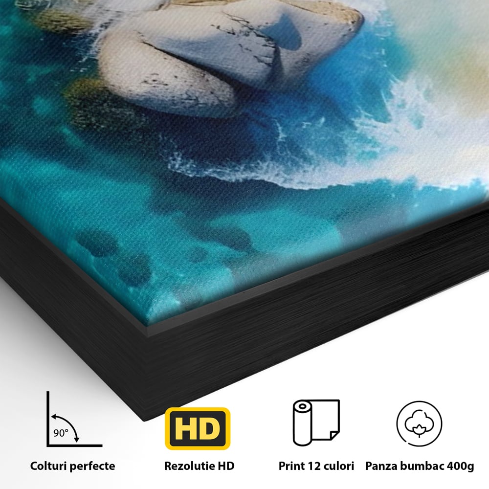 Detaliu al suprafetei: tablou canvas cu stanci in apa turcoaz, in rama de aluminiu negru