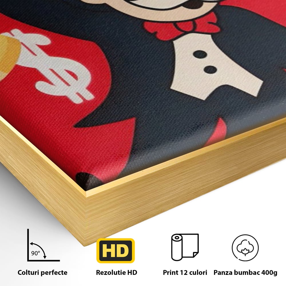 Detaliu al suprafetei: tablou canvas cu domnul monopoly pe fond rosu, in rama de aluminiu auriu