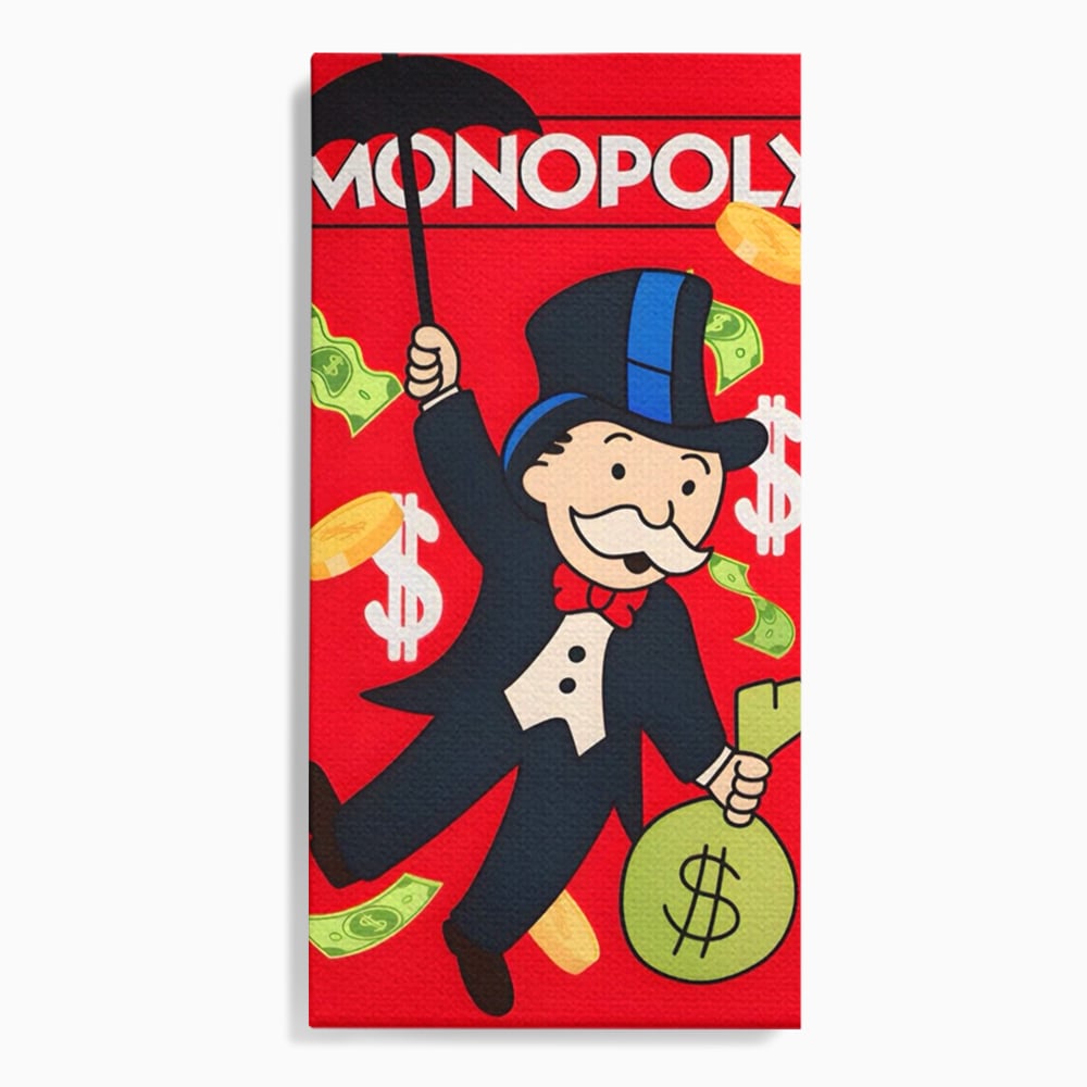 Tablou canvas cu tablou canvas cu domnul monopoly pe fond rosu, fara rama, pe sasiu de lemn