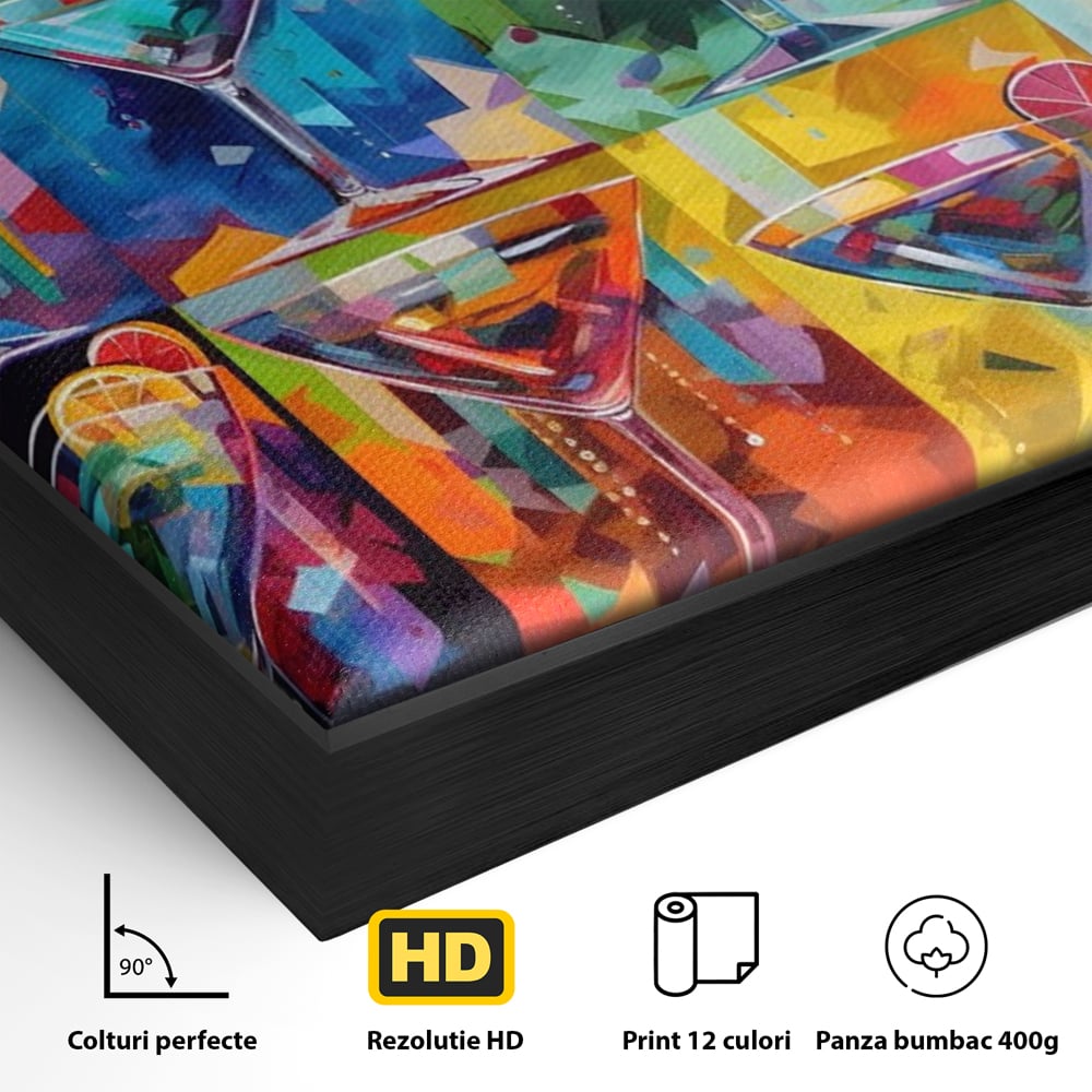 Detaliu al suprafetei: tablou canvas cu pahare de cocktail, in rama de aluminiu negru