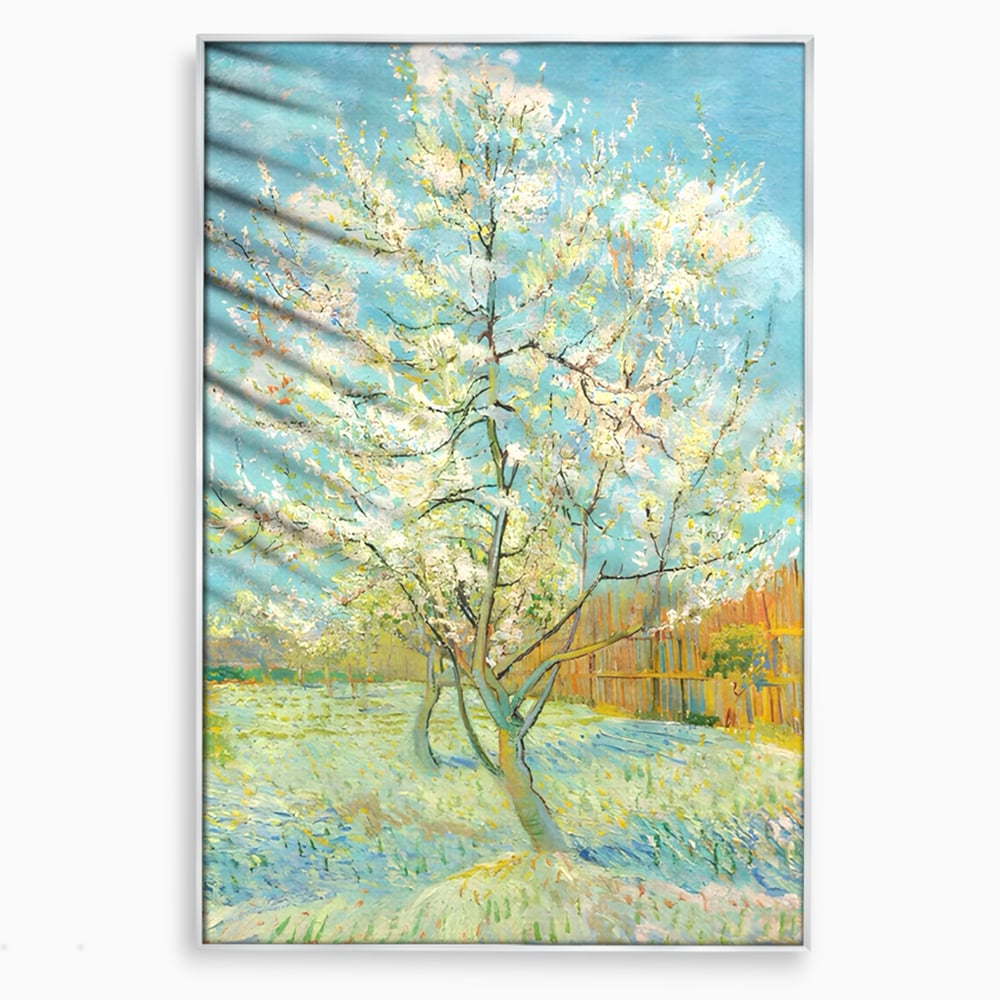 Tablou canvas cu reproducere pictura pom inflorit, in rama de aluminiu argintiu