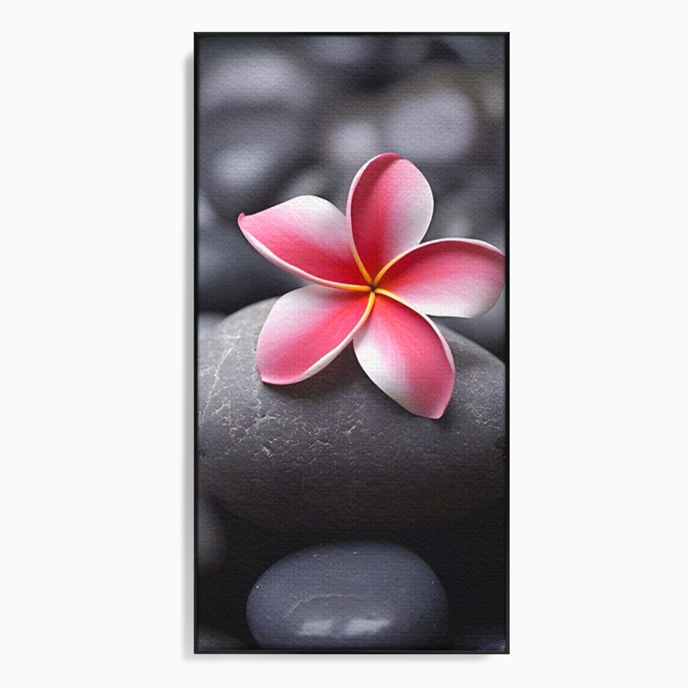 Tablou canvas cu floare roz pe pietre gri, in rama de aluminiu negru