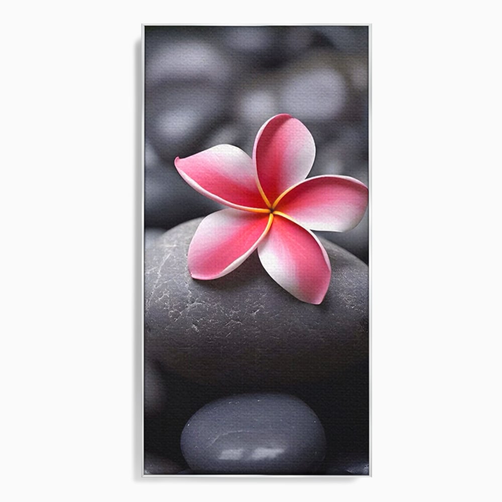 Tablou canvas cu floare roz pe pietre gri, in rama de aluminiu argintiu