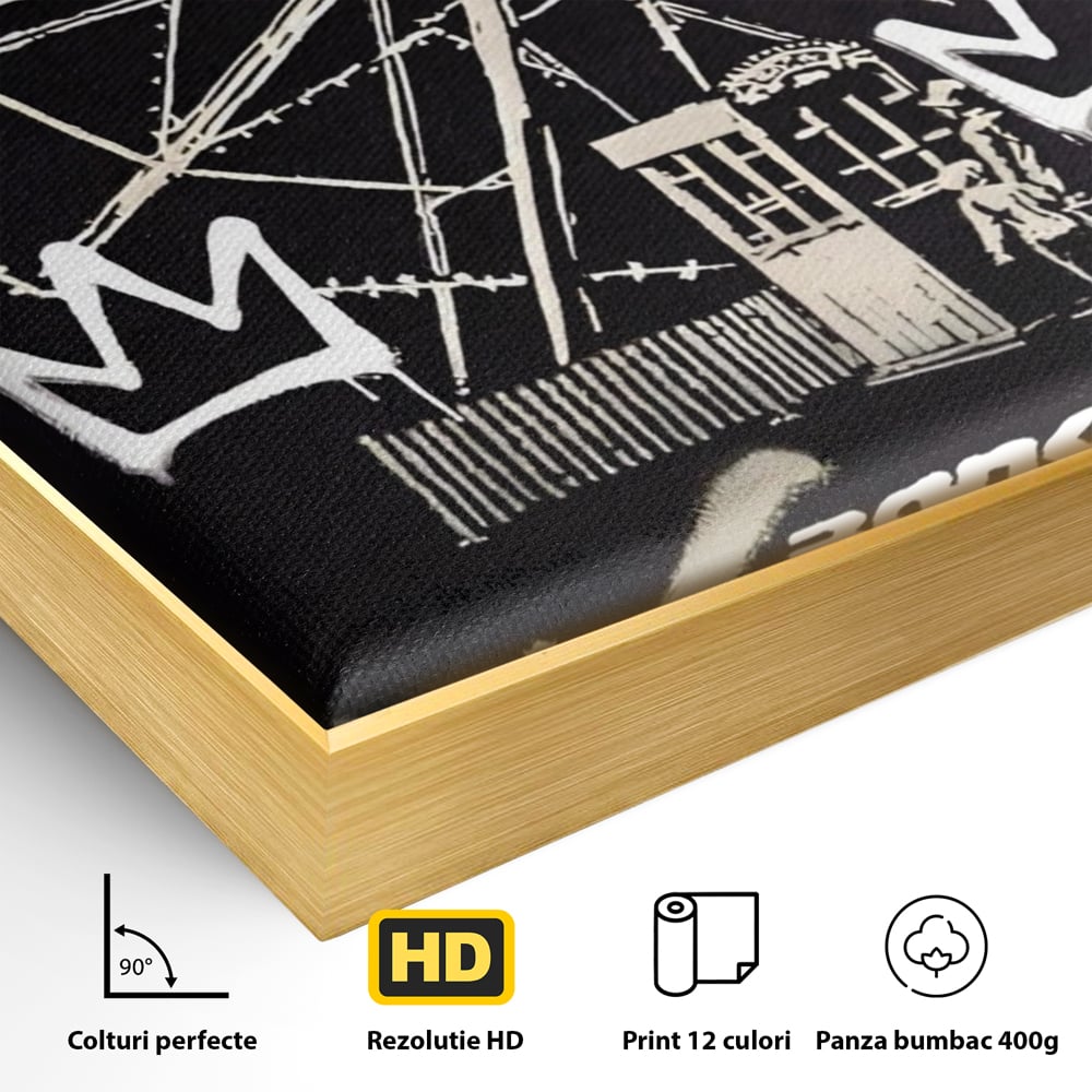 Detaliu al suprafetei: tablou canvas cu graffiti banksy si roata, in rama de aluminiu auriu