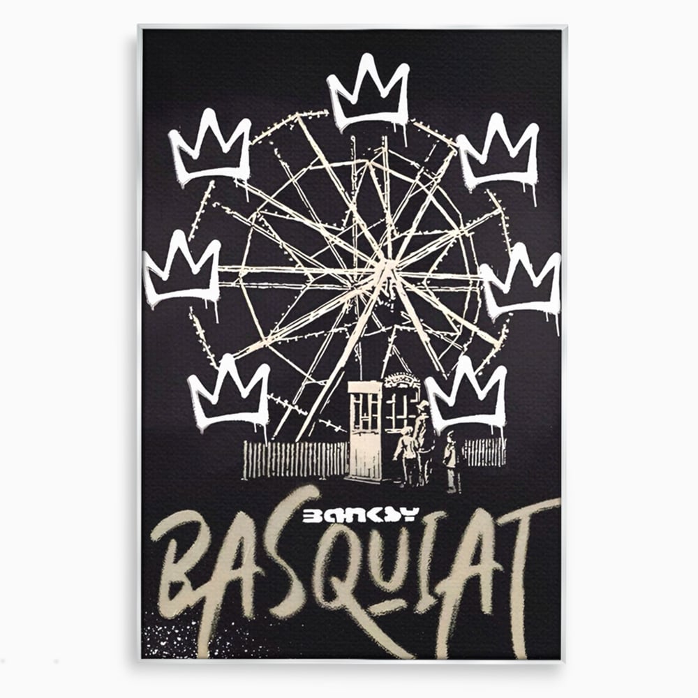 Tablou canvas cu tablou canvas cu graffiti banksy si roata, in rama de aluminiu argintiu