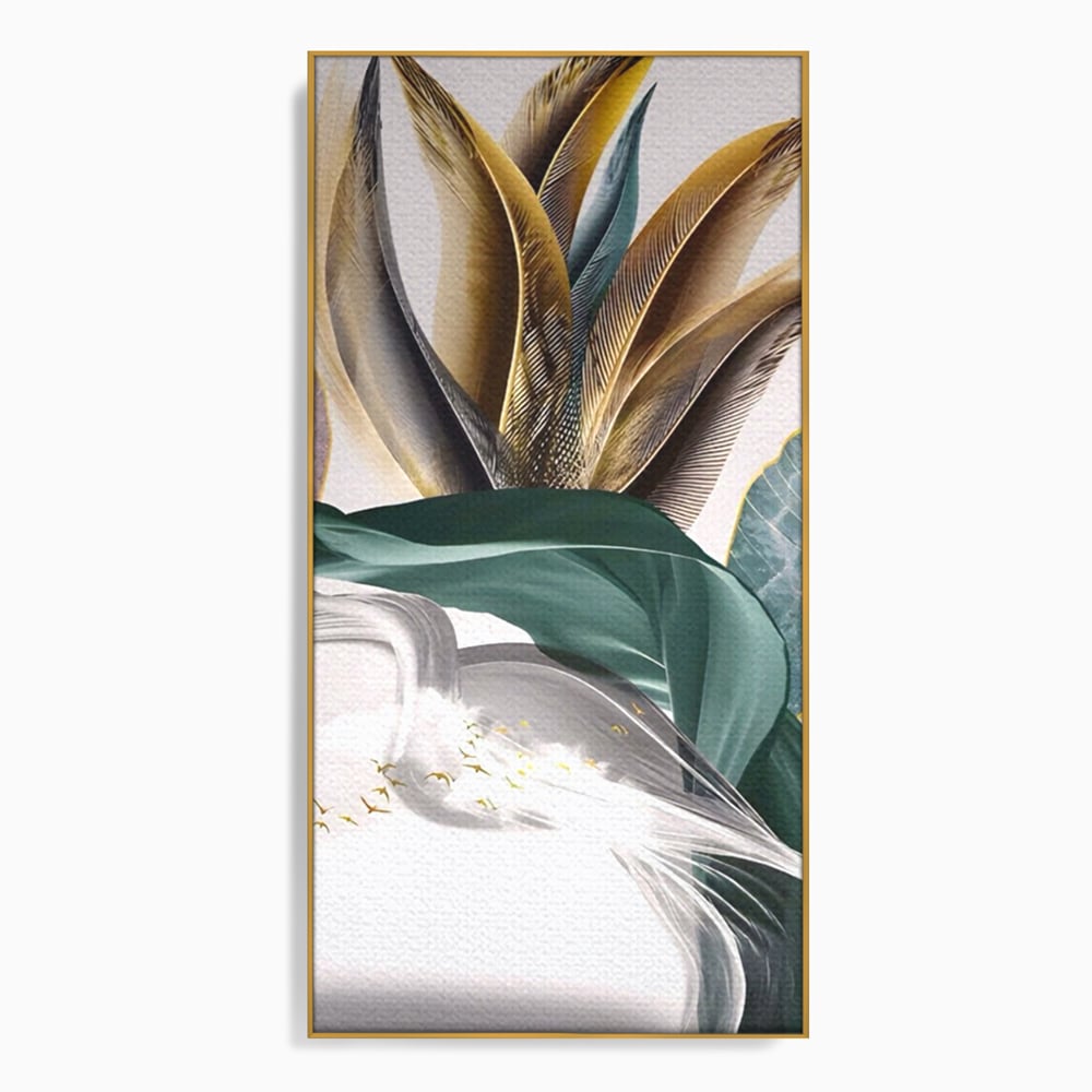 Tablou canvas cu tablou vertical cu pene si frunza, in rama de aluminiu auriu