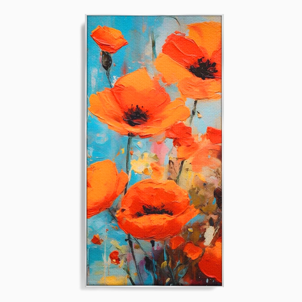 Tablou canvas cu pictura cu maci portocalii, in rama de aluminiu argintiu