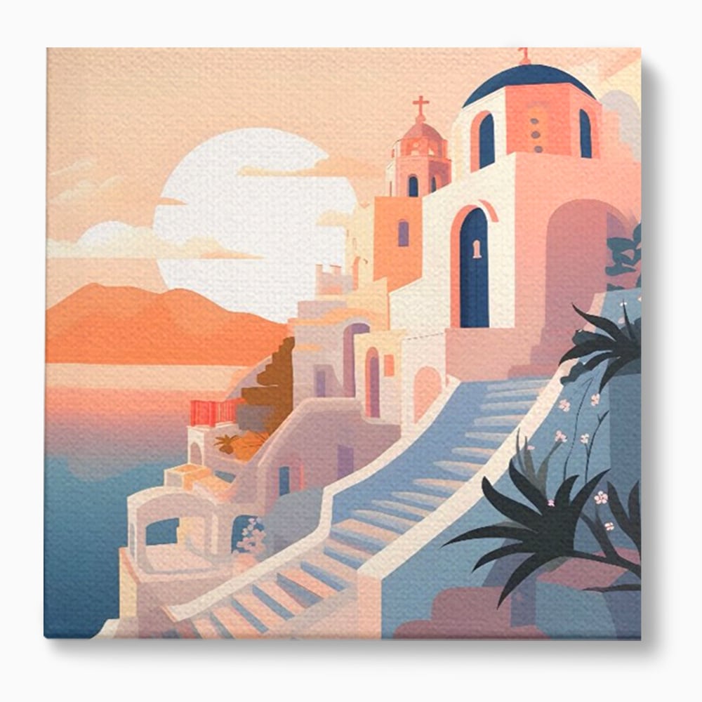 Tablou canvas cu ilustratie digitala cu biserica greceasca la apus, fara rama, pe sasiu de lemn