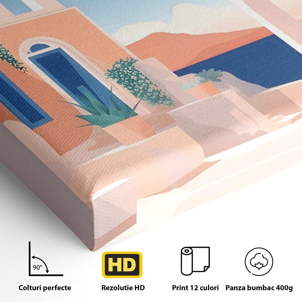 Detaliu al suprafetei: ilustratie digitala cu arhitectura mediteraneana, fara rama, pe sasiu de lemn