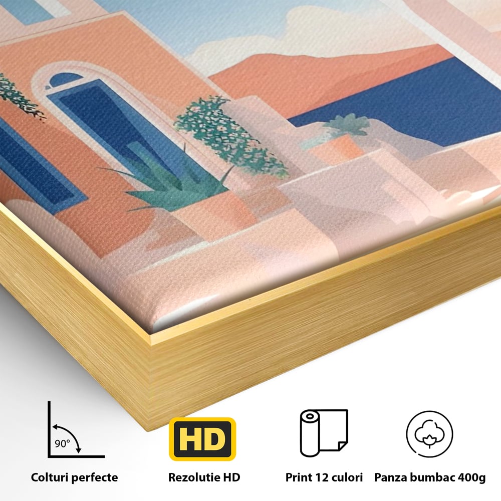 Detaliu al suprafetei: ilustratie digitala cu arhitectura mediteraneana, in rama de aluminiu auriu