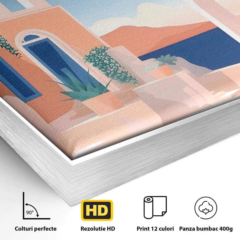 Detaliu al suprafetei: ilustratie digitala cu arhitectura mediteraneana, in rama de aluminiu argintiu