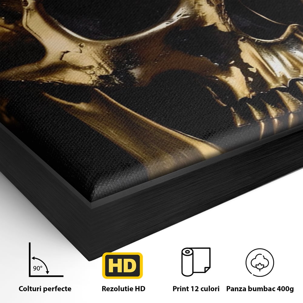 Detaliu al suprafetei: tablou canvas cu craniu auriu, in rama de aluminiu negru