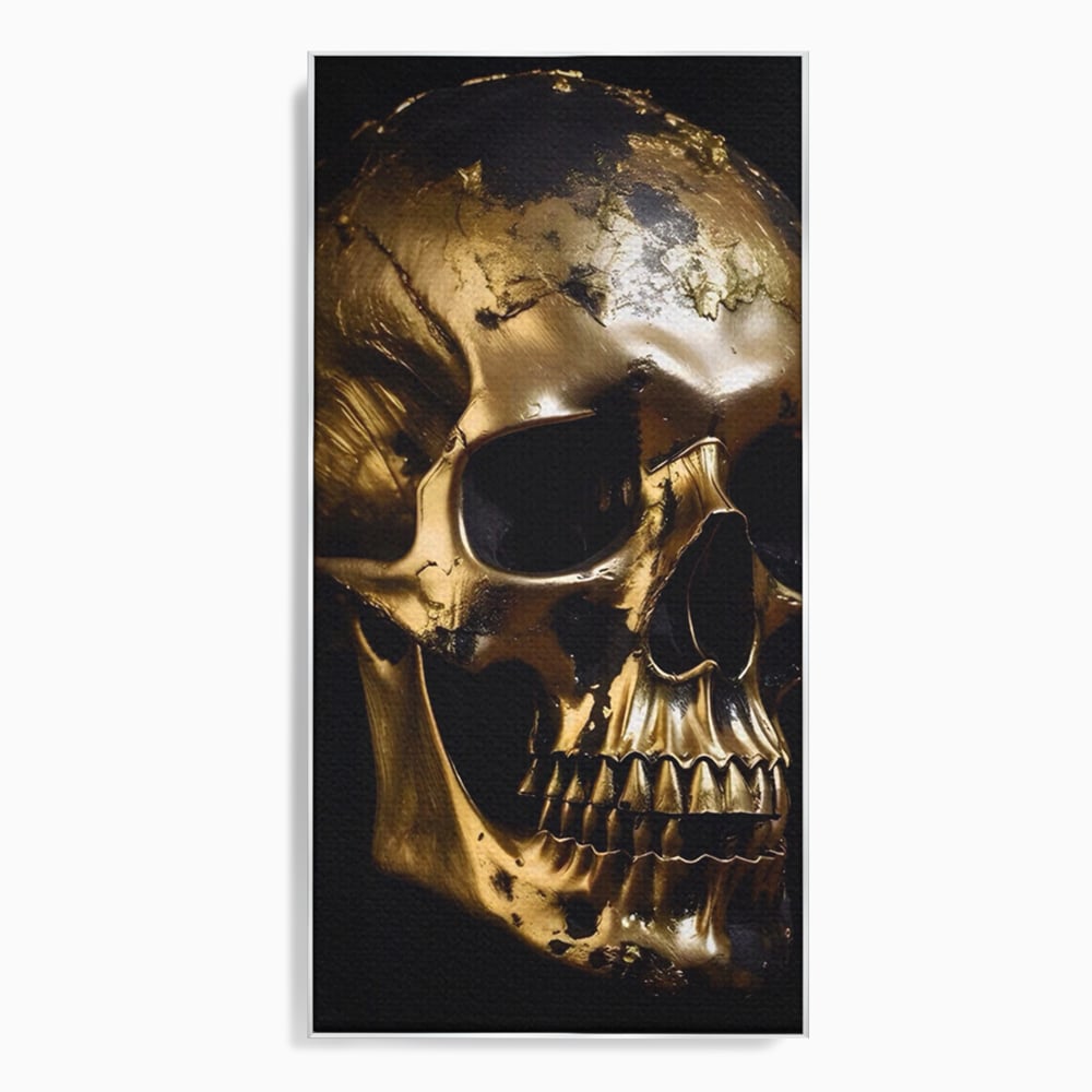 Tablou canvas cu tablou canvas cu craniu auriu, in rama de aluminiu argintiu