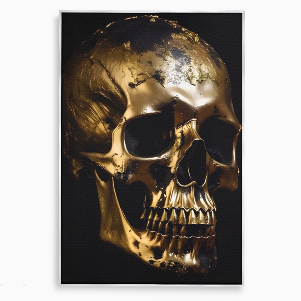 Tablou canvas cu tablou canvas cu craniu auriu, in rama de aluminiu argintiu