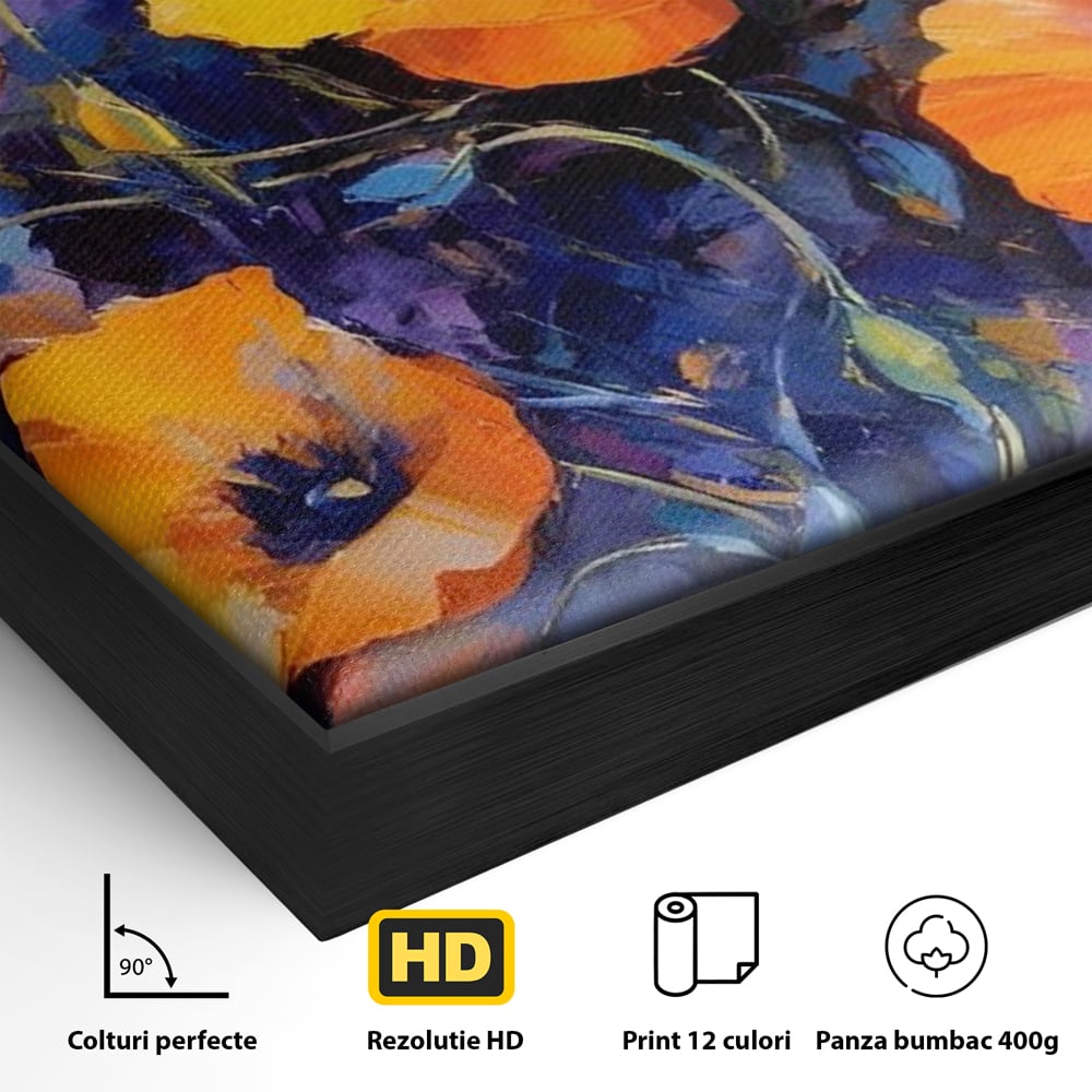 Detaliu al suprafetei: tablou canvas cu maci portocalii, in rama de aluminiu negru