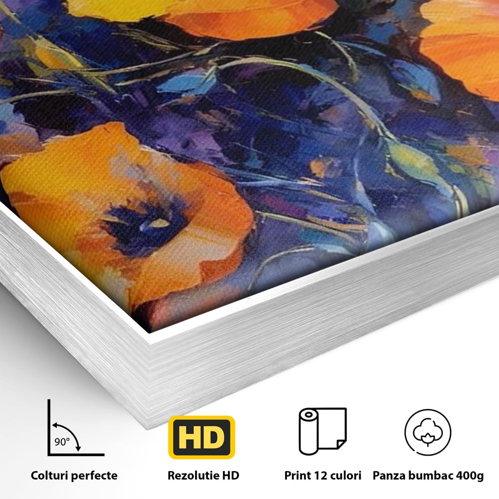 Detaliu al suprafetei: tablou canvas cu maci portocalii, in rama de aluminiu argintiu