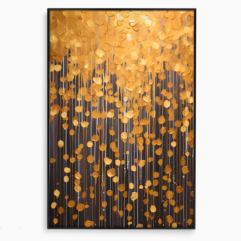 Tablou canvas cu pictura abstracta cu picaturi aurii, in rama de aluminiu negru