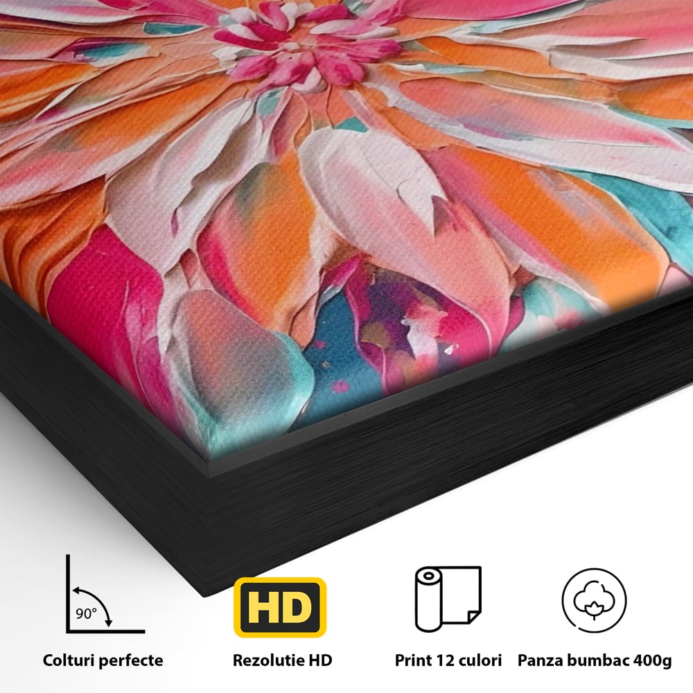 Detaliu al suprafetei: pictura cu floare texturata in relief, in rama de aluminiu negru