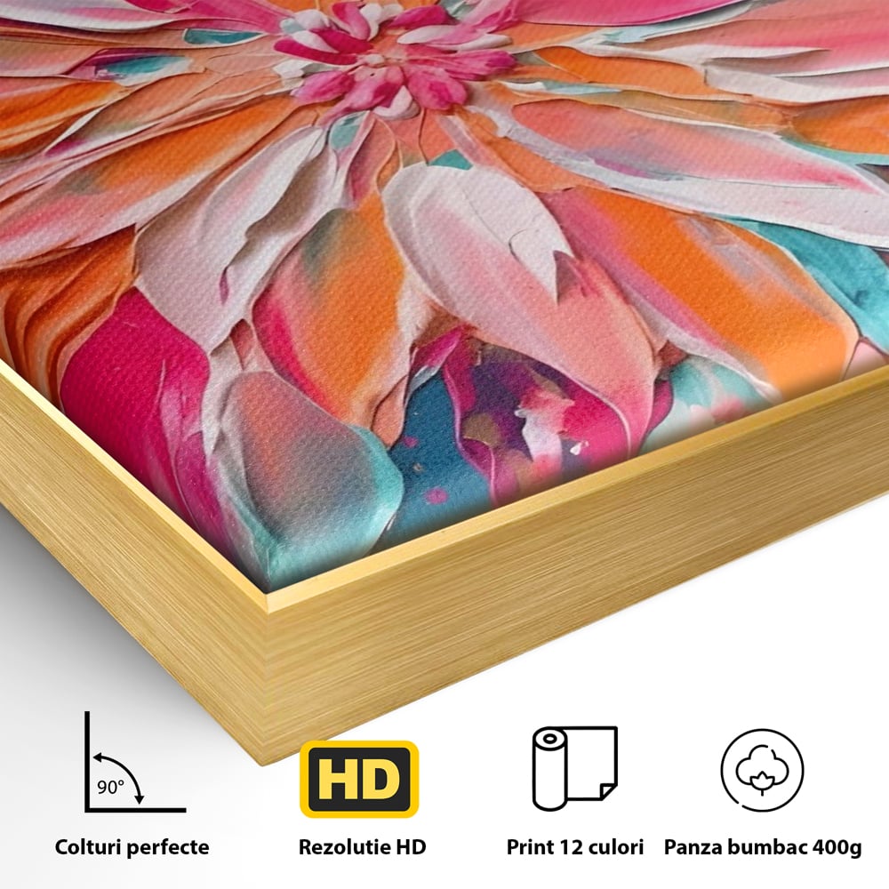 Detaliu al suprafetei: pictura cu floare texturata in relief, in rama de aluminiu auriu