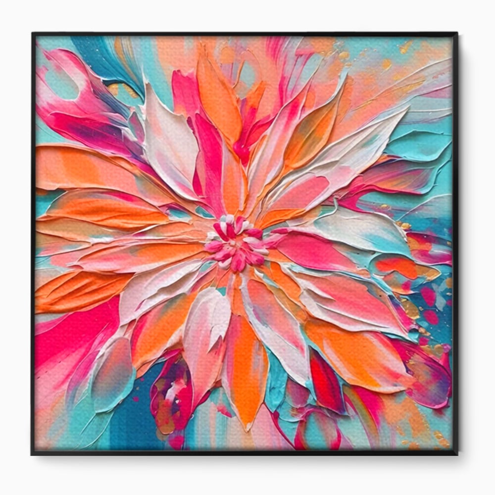 Tablou canvas cu pictura cu floare texturata in relief, in rama de aluminiu negru