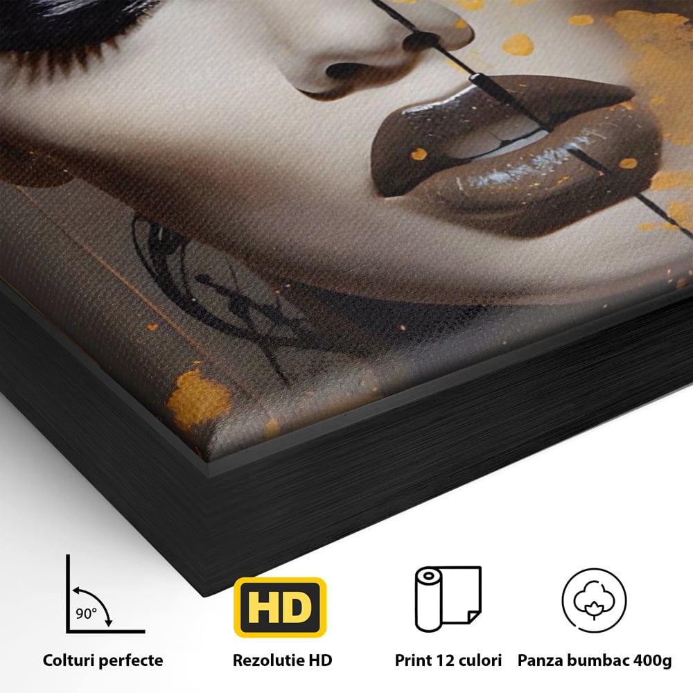 Detaliu al suprafetei: tablou canvas cu portret de femeie si fluturi, in rama de aluminiu negru