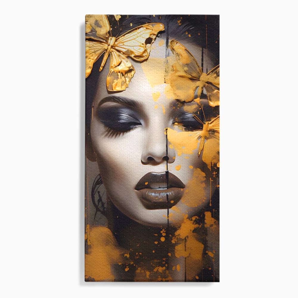 Tablou canvas cu tablou canvas cu portret de femeie si fluturi, fara rama, pe sasiu de lemn